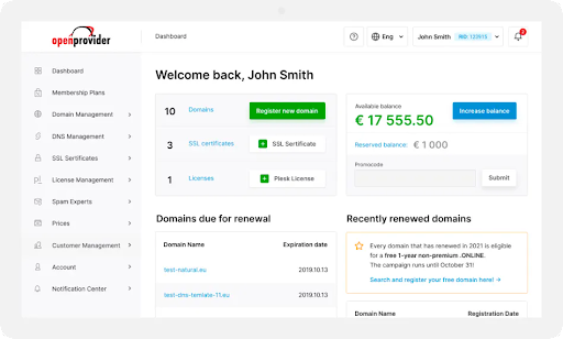openprovider dashboard for domain resellers