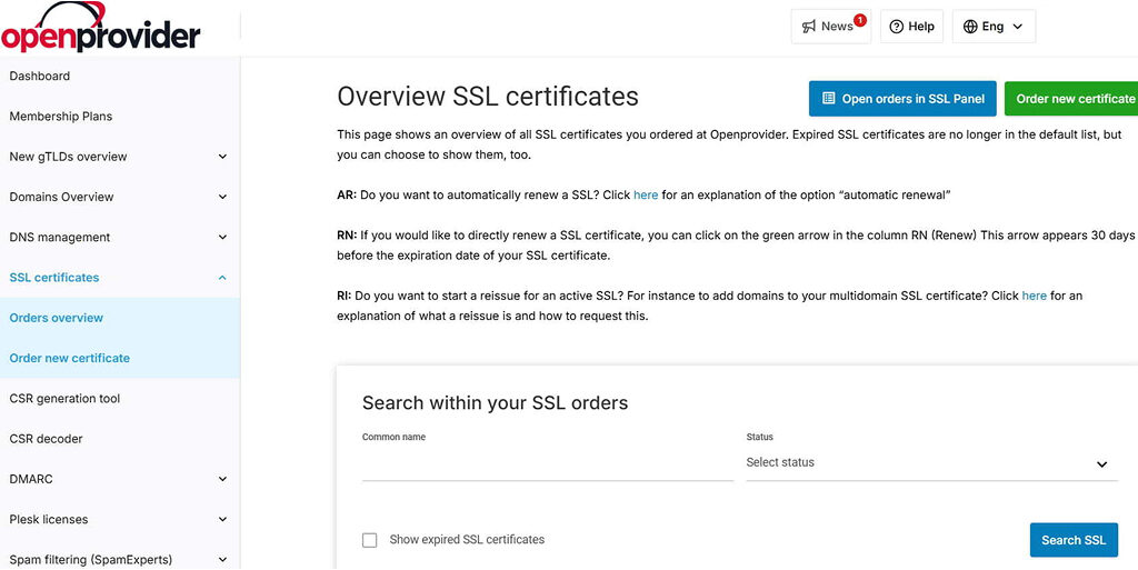 openprovider dashboard to manage ssl and protect your brand