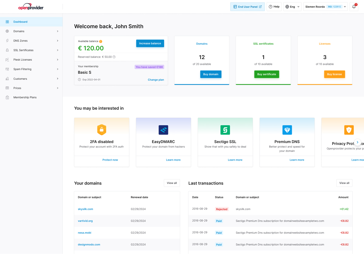 openprovider members dashboard