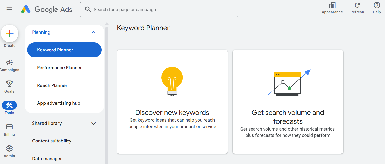 keyword planner dashboard of google ads