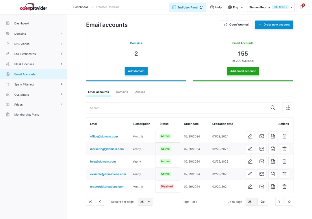 openprovider dashboard as email service provider