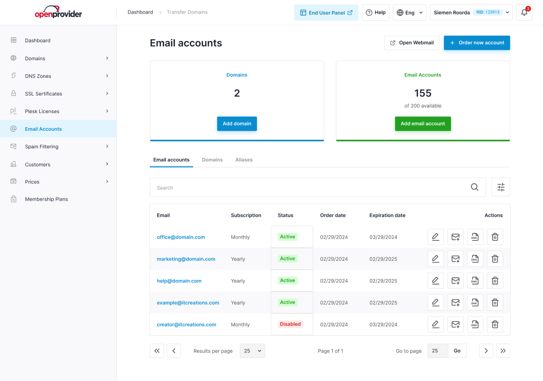openprovider rcp dashboard for business email
