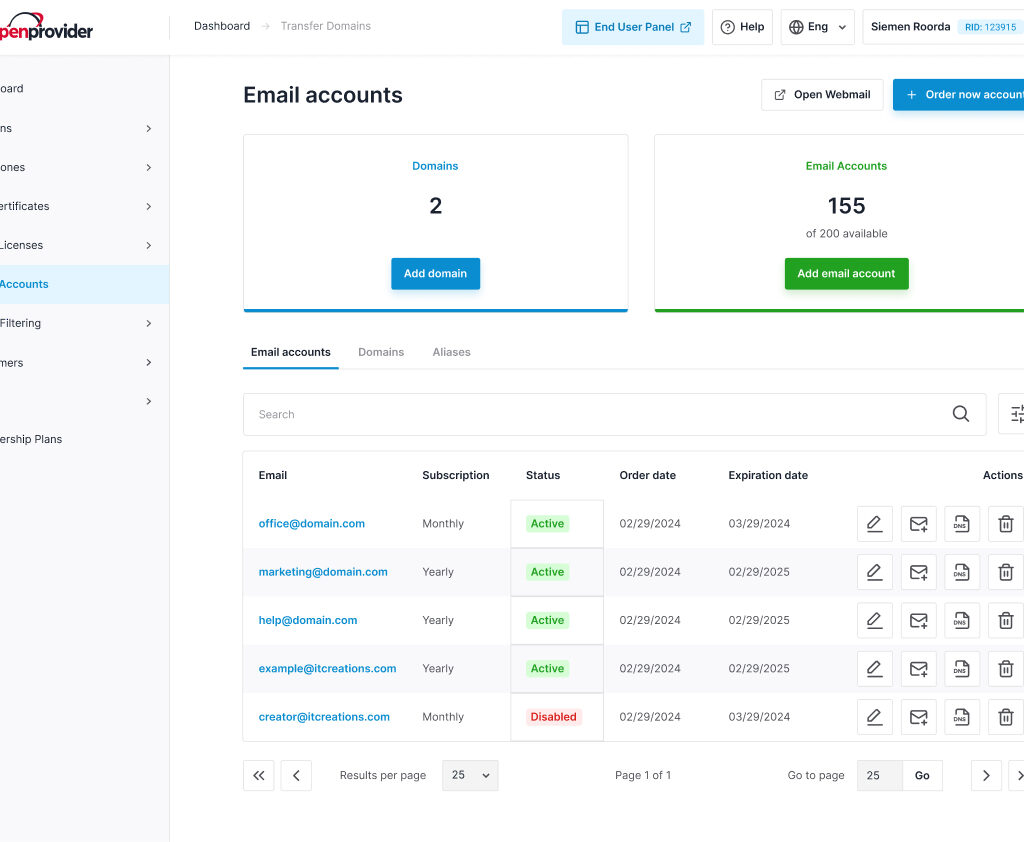 dashboard of openprovider email hosting provider