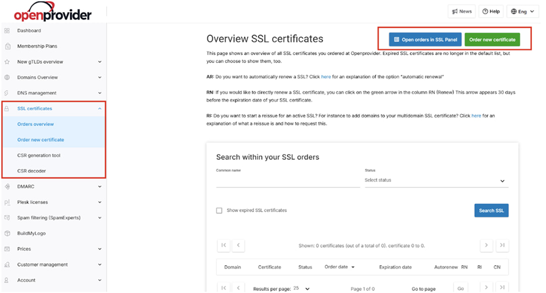 openprovider dashboard for SSL certificates