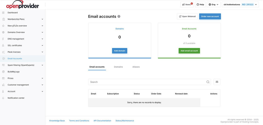 openprovider business email solution dashboard interface