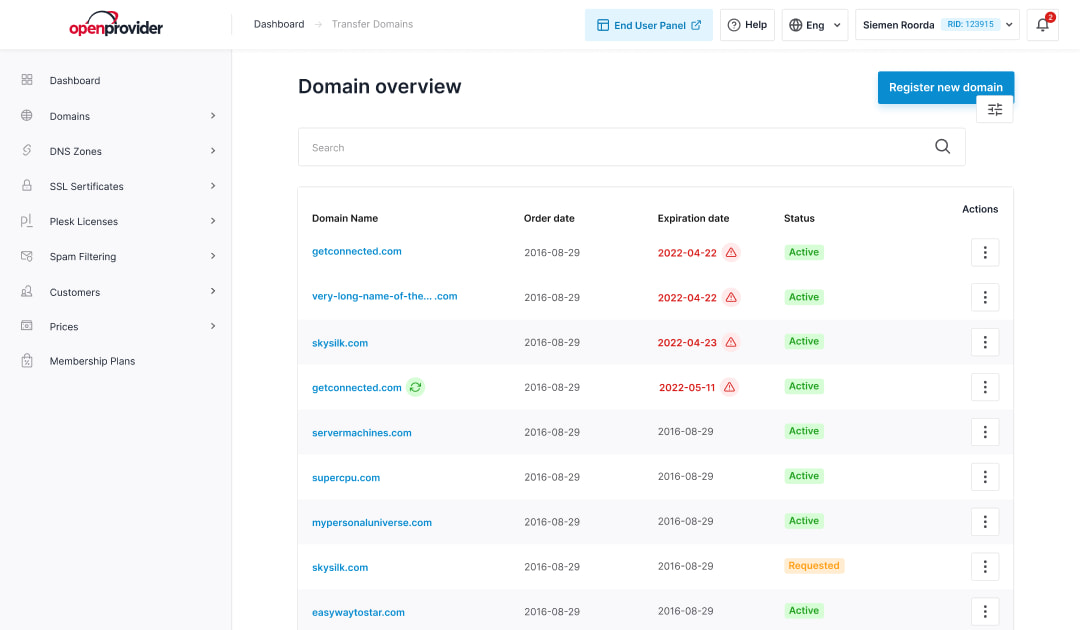 domain overview of openprovider platform