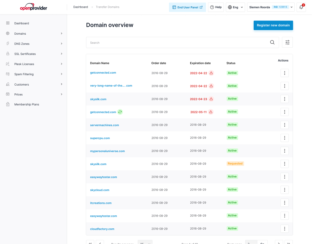 RCP panel dashboard to solve domain transfer problems