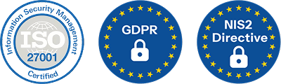 ISO 27001, GDPR, and NIS2 compliance badges